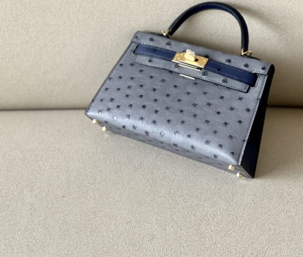 Kelly Mini HSS Ostrich Gris Agate(82) And Bleu Iris(77)Gold Hardware - Image 4