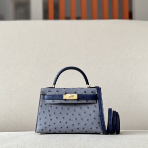 Kelly Mini HSS Ostrich Gris Agate(82) And Bleu Iris(77)Gold Hardware