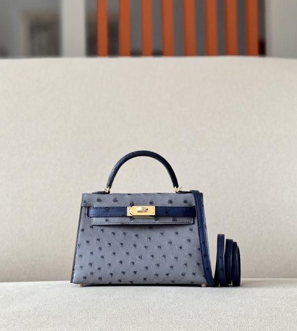 Kelly Mini HSS Ostrich Gris Agate(82) And Bleu Iris(77)Gold Hardware