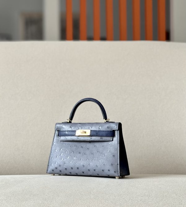 Kelly Mini HSS Ostrich Gris Agate(82) And Bleu Iris(77)Gold Hardware - Image 3