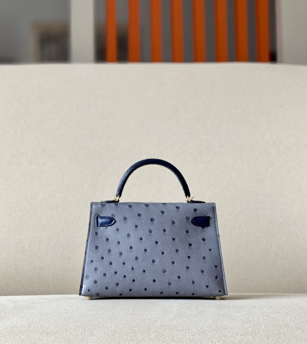 Kelly Mini HSS Ostrich Gris Agate(82) And Bleu Iris(77)Gold Hardware - Image 2